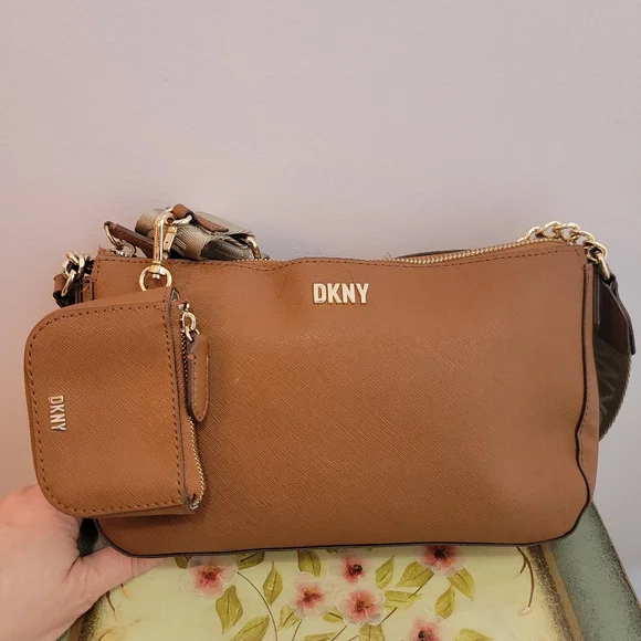 DKNY Brown Vegan Leather  Crossbody with Coin Purse with DKNY Guitar Strap - Picture 5 of 13